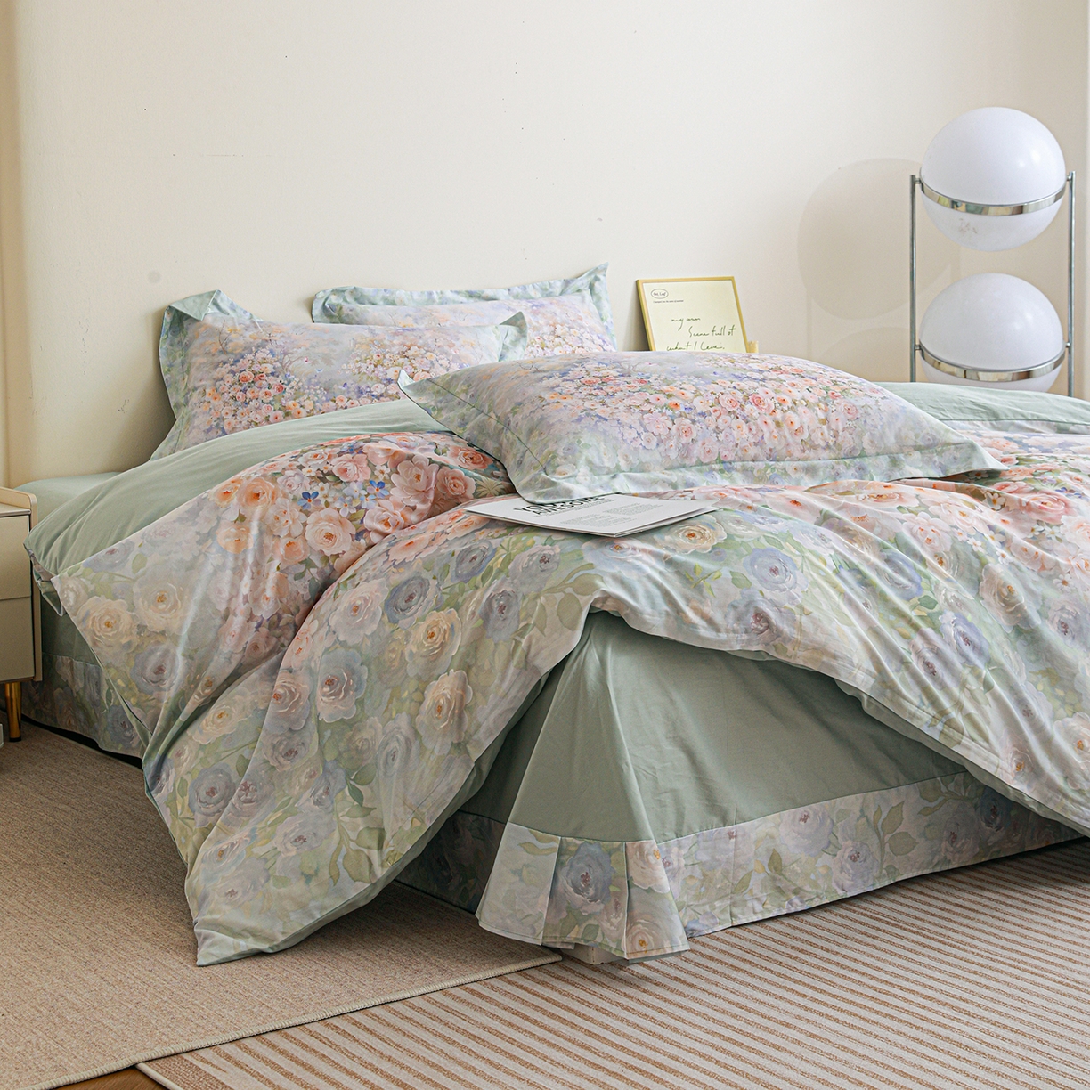 91家纺网 家纺一手货源 找家纺 朵希曼 2026新款全棉纯棉大版定位13376数码印花系列四件套 油画意境-绿