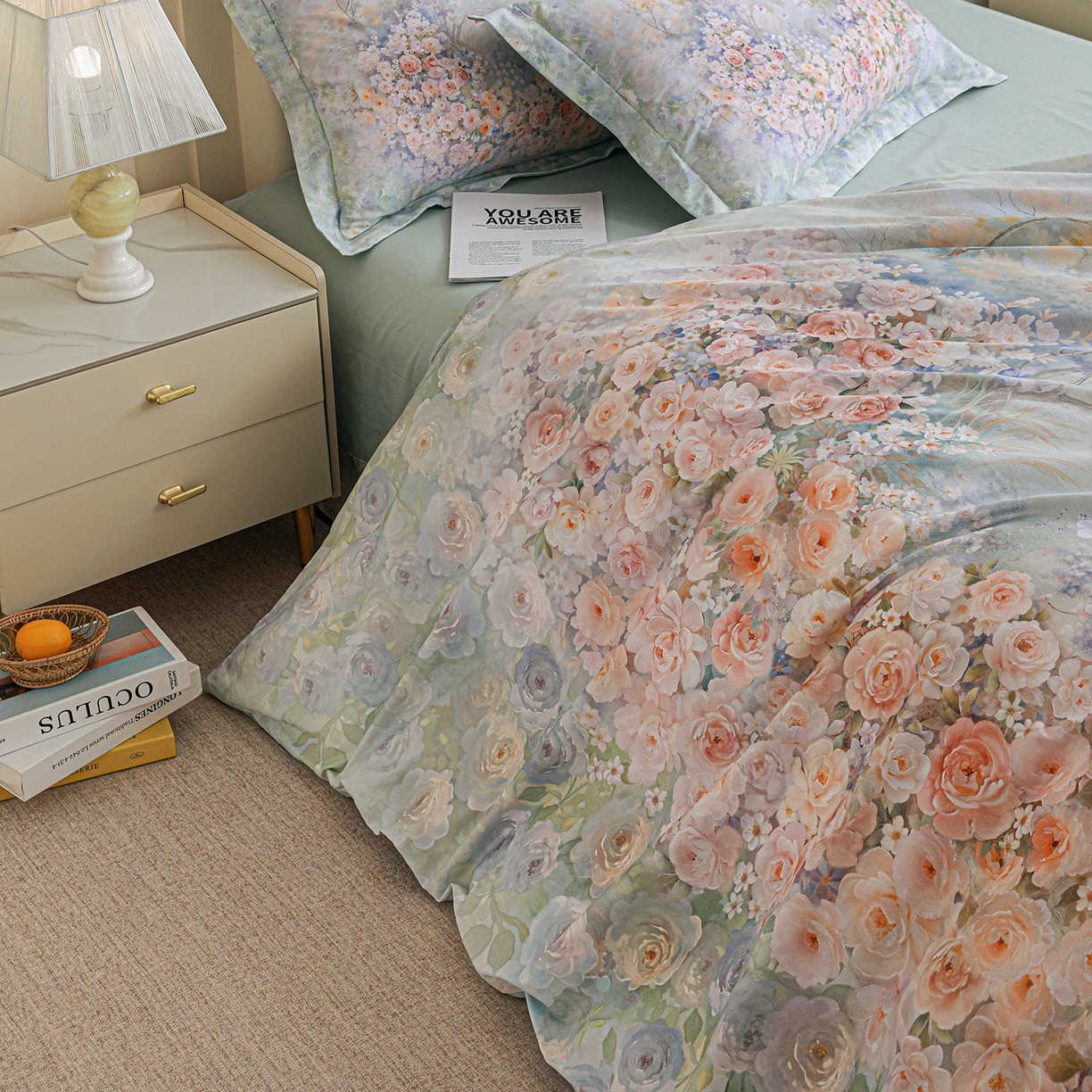 91家纺网 家纺一手货源 找家纺 朵希曼 2026新款全棉纯棉大版定位13376数码印花系列四件套 油画意境-绿