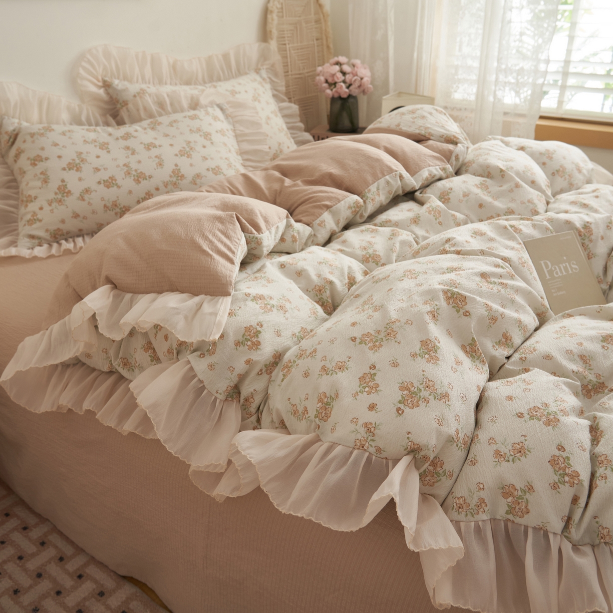 91家纺网 家纺一手货源 找家纺 晨曦家纺 2026春夏新款皱雾纱泡芙纱水洗少女ins风韩版四件套 云间花信