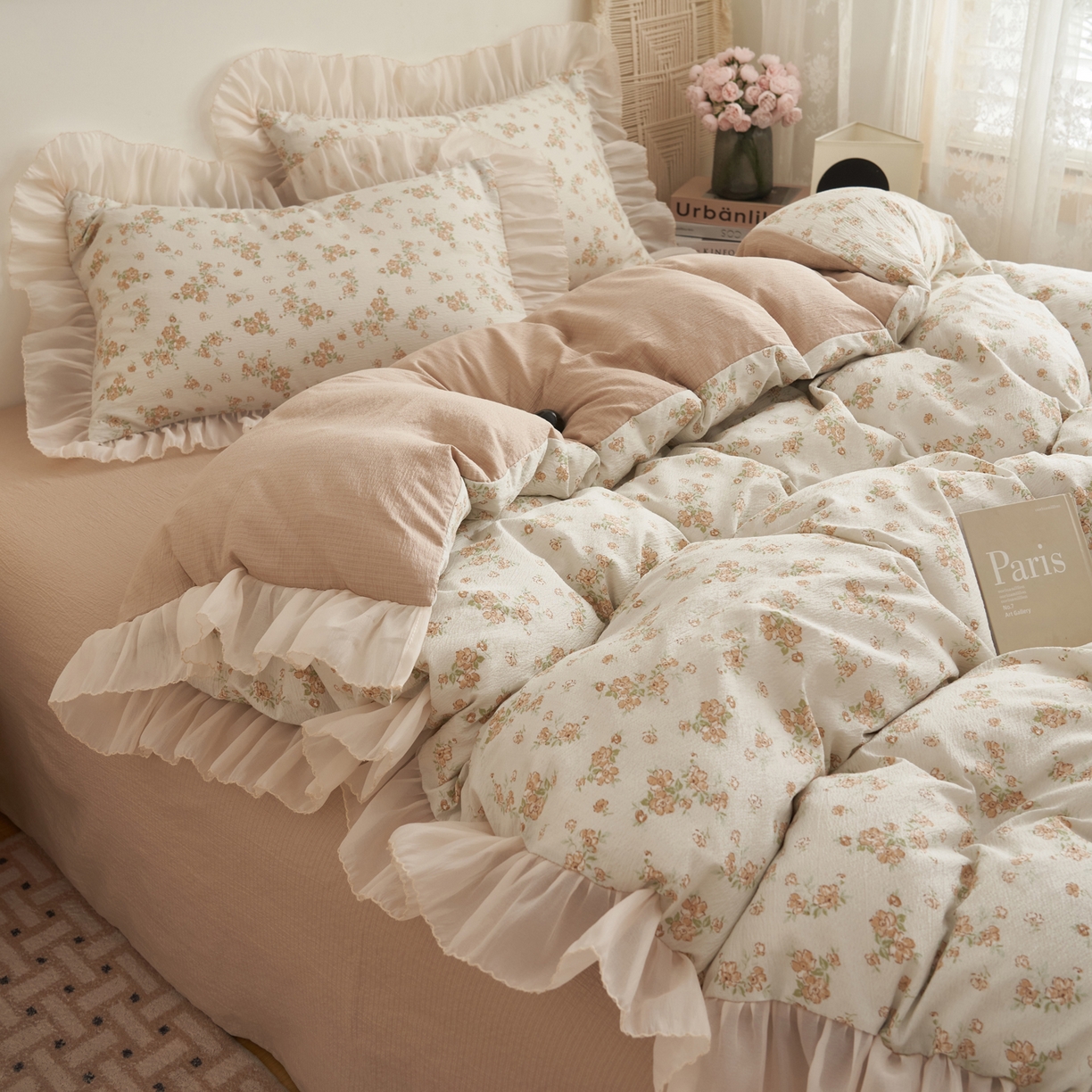 91家纺网 家纺一手货源 找家纺 晨曦家纺 2026春夏新款皱雾纱泡芙纱水洗少女ins风韩版四件套 云间花信