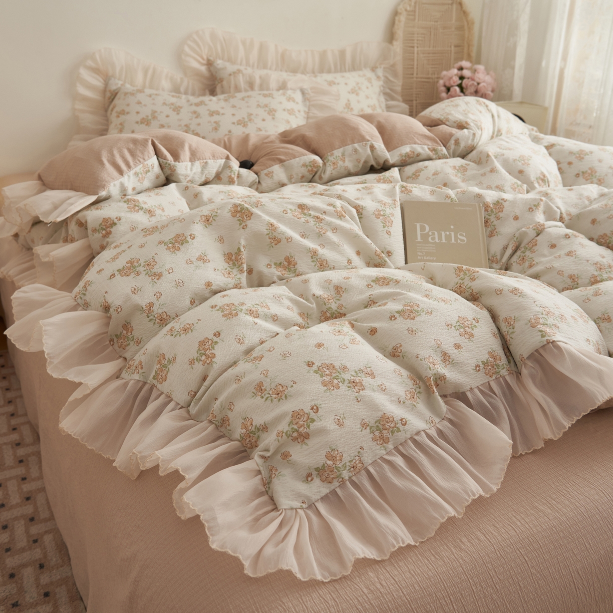 91家纺网 家纺一手货源 找家纺 晨曦家纺 2026春夏新款皱雾纱泡芙纱水洗少女ins风韩版四件套 云间花信