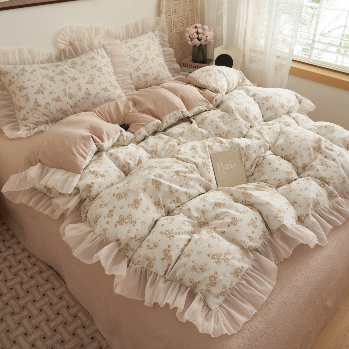 91家纺网 家纺一手货源 找家纺 晨曦家纺 2026春夏新款皱雾纱泡芙纱水洗少女ins风韩版四件套 云间花信