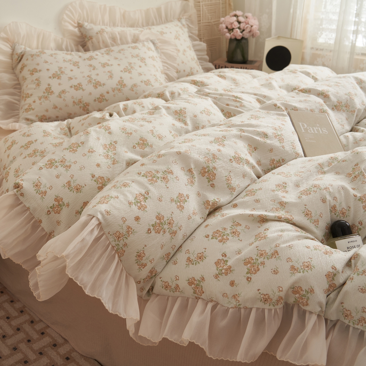 91家纺网 家纺一手货源 找家纺 晨曦家纺 2026春夏新款皱雾纱泡芙纱水洗少女ins风韩版四件套 云间花信