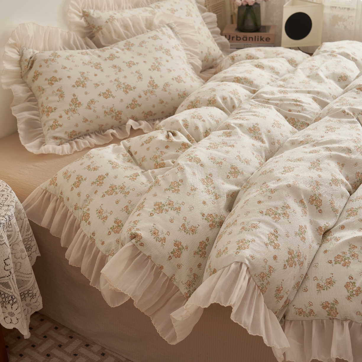 91家纺网 家纺一手货源 找家纺 晨曦家纺 2026春夏新款皱雾纱泡芙纱水洗少女ins风韩版四件套 云间花信