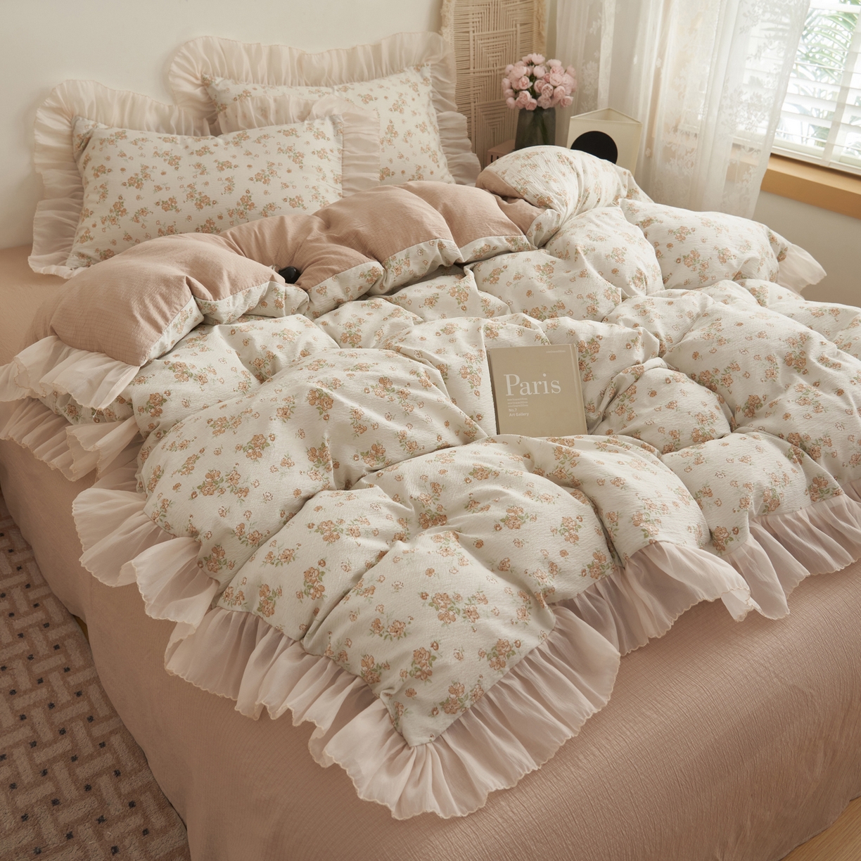 91家纺网 家纺一手货源 找家纺 晨曦家纺 2026春夏新款皱雾纱泡芙纱水洗少女ins风韩版四件套 云间花信