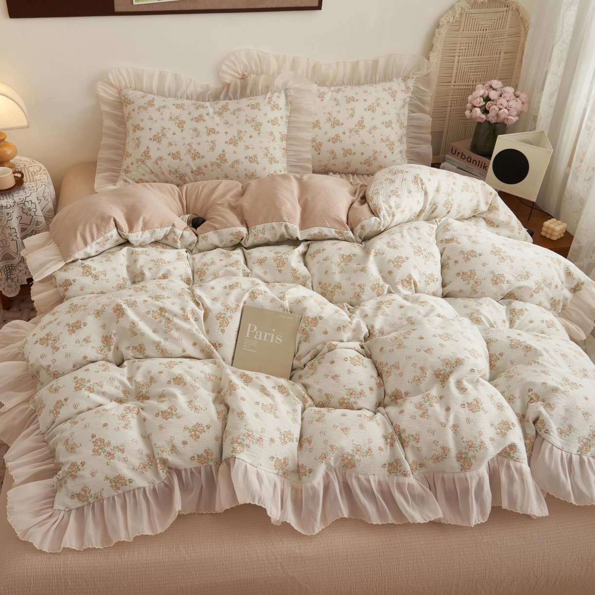 91家纺网 家纺一手货源 找家纺 晨曦家纺 2026春夏新款皱雾纱泡芙纱水洗少女ins风韩版四件套 云间花信