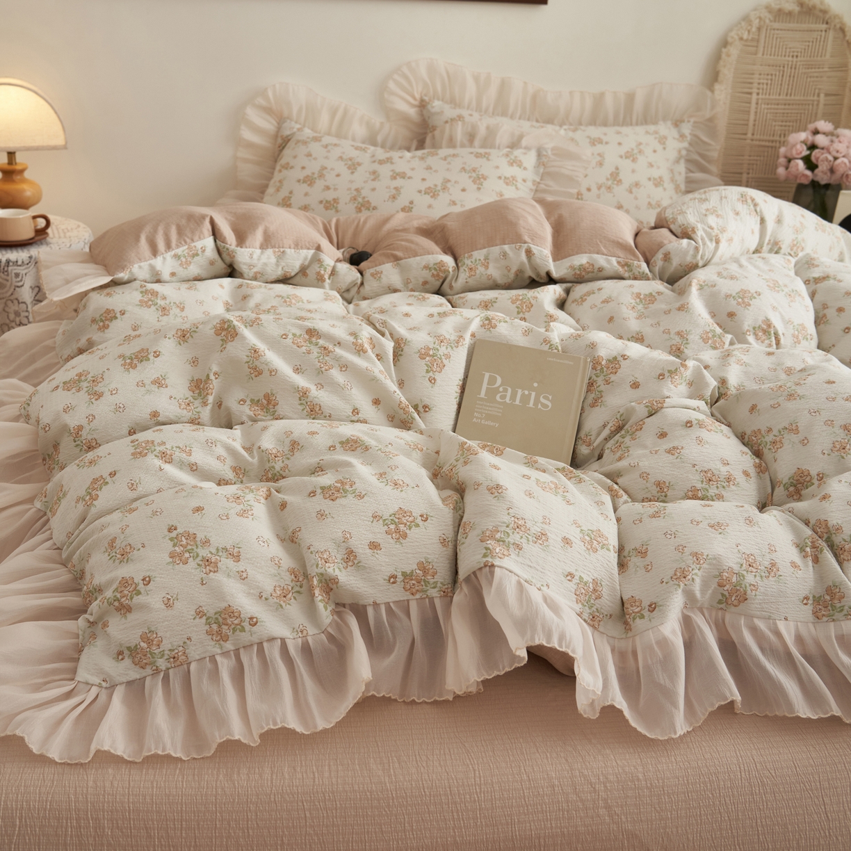 91家纺网 家纺一手货源 找家纺 晨曦家纺 2026春夏新款皱雾纱泡芙纱水洗少女ins风韩版四件套 云间花信