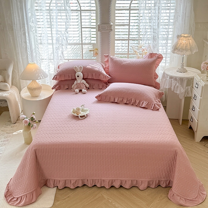 花香四季家纺 2026新款13376全棉夹棉床盖三件套13372纯棉纯色床盖花边公主风（可定制任意尺寸） 豆沙色