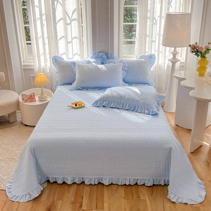 花香四季家纺 2026新款13376全棉夹棉床盖三件套13372纯棉纯色床盖花边公主风（可定制任意尺寸） 清新蓝
