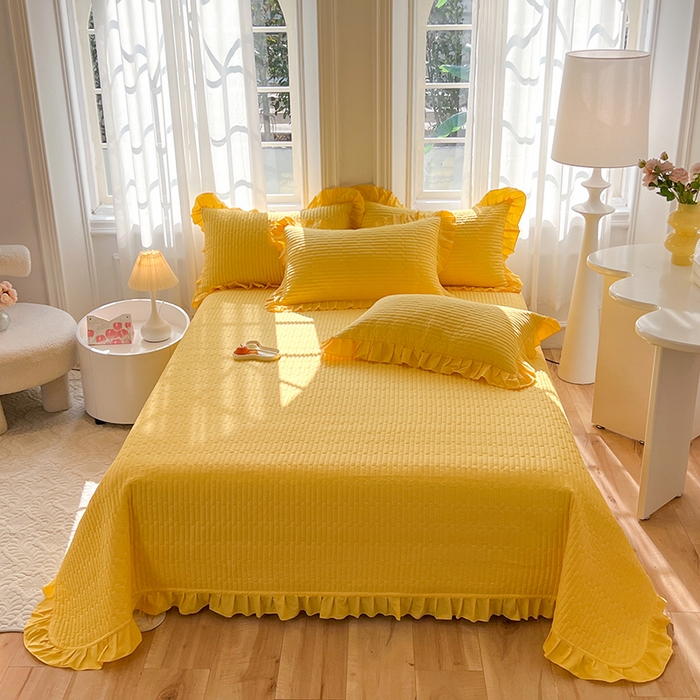 91家纺网 家纺一手货源 找家纺 （总）花香四季家纺 2026新款13376全棉夹棉床盖三件套13372纯棉纯色床盖花边公主风（可定制任意尺寸）