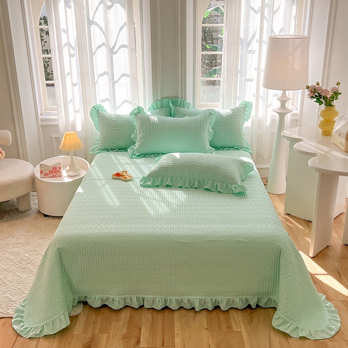 花香四季家纺 2026新款13376全棉夹棉床盖三件套13372纯棉纯色床盖花边公主风（可定制任意尺寸） 薄荷绿