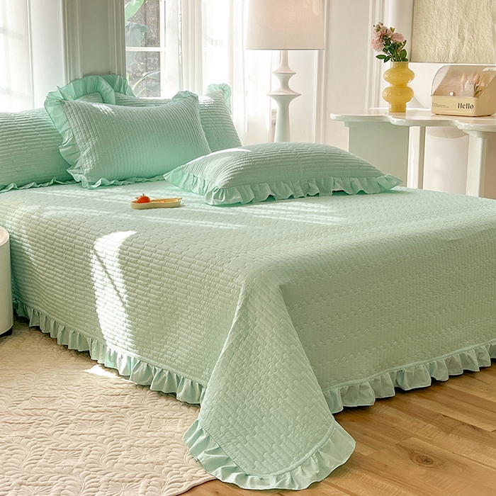 91家纺网 家纺一手货源 找家纺 花香四季家纺 2026新款13376全棉夹棉床盖三件套13372纯棉纯色床盖花边公主风（可定制任意尺寸） 薄荷绿