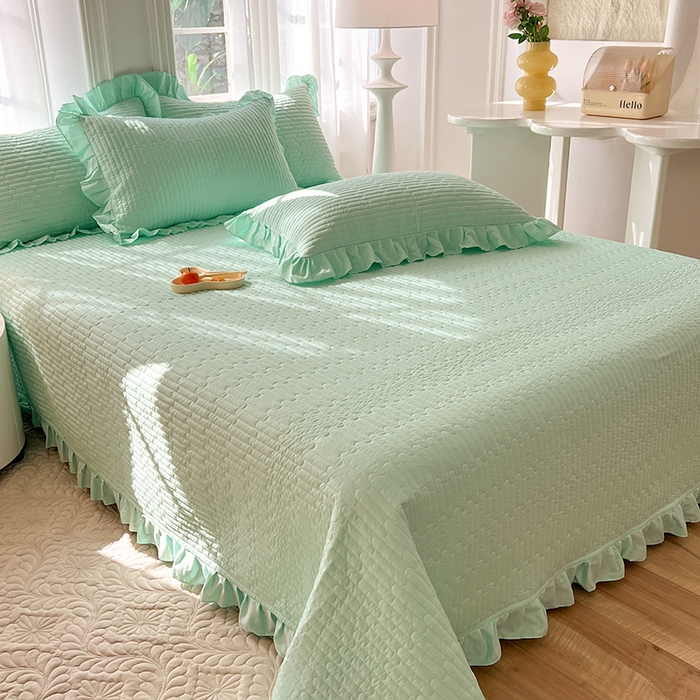 91家纺网 家纺一手货源 找家纺 花香四季家纺 2026新款13376全棉夹棉床盖三件套13372纯棉纯色床盖花边公主风（可定制任意尺寸） 薄荷绿