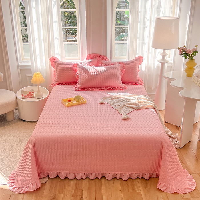 花香四季家纺 2026新款13376全棉夹棉床盖三件套13372纯棉纯色床盖花边公主风（可定制任意尺寸） 荔枝粉