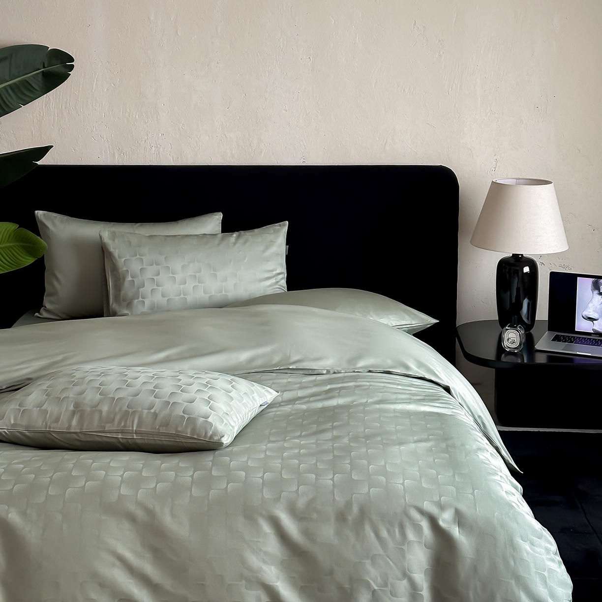 91家纺网 家纺一手货源 找家纺 时光里 2026新款100S贡缎提花全棉四件套 方糖肌理-绿