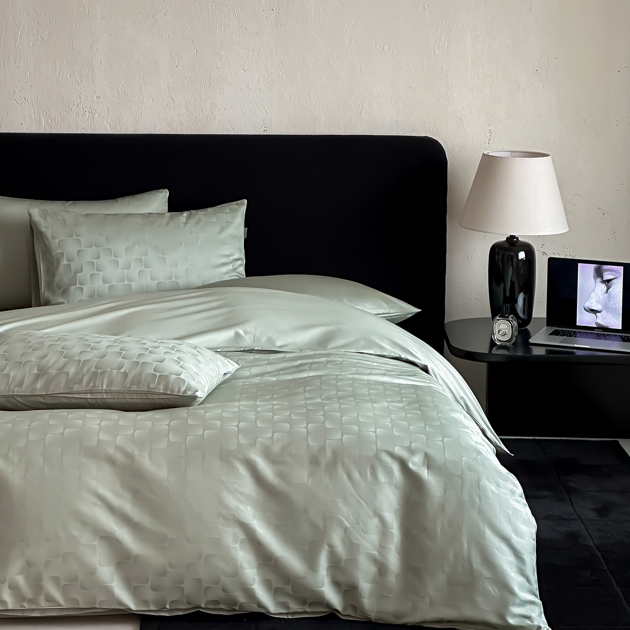 91家纺网 家纺一手货源 找家纺 时光里 2026新款100S贡缎提花全棉四件套 方糖肌理-绿