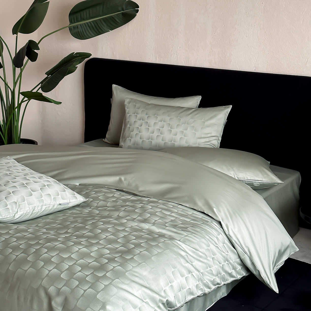 91家纺网 家纺一手货源 找家纺 时光里 2026新款100S贡缎提花全棉四件套 方糖肌理-绿