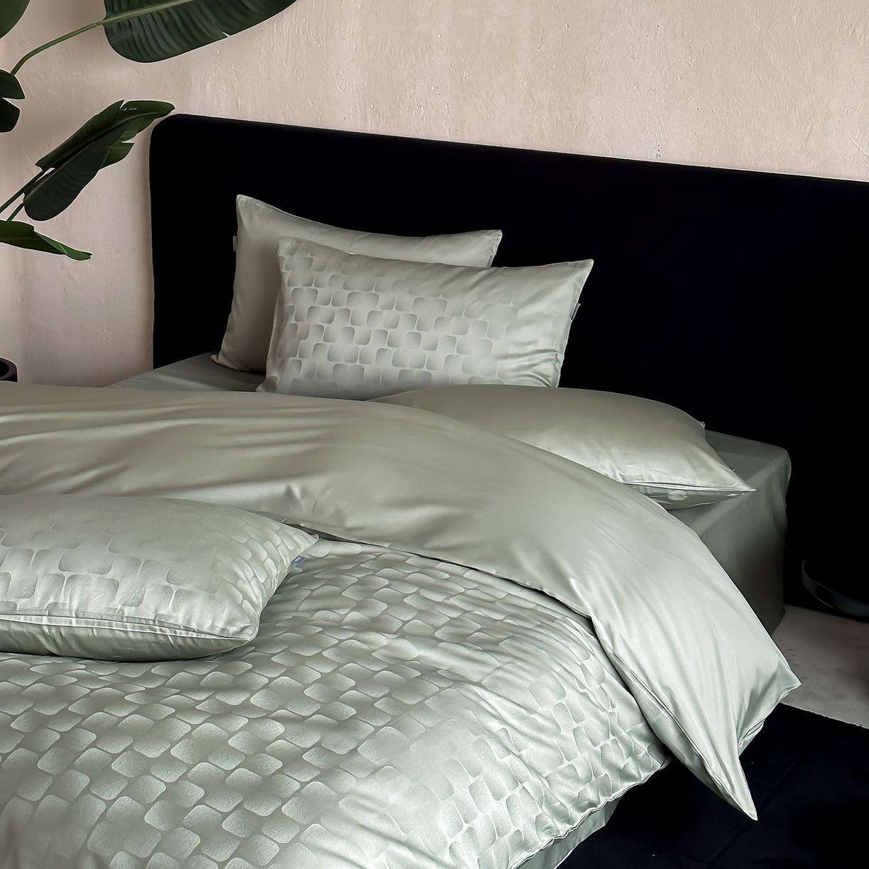 91家纺网 家纺一手货源 找家纺 时光里 2026新款100S贡缎提花全棉四件套 方糖肌理-绿