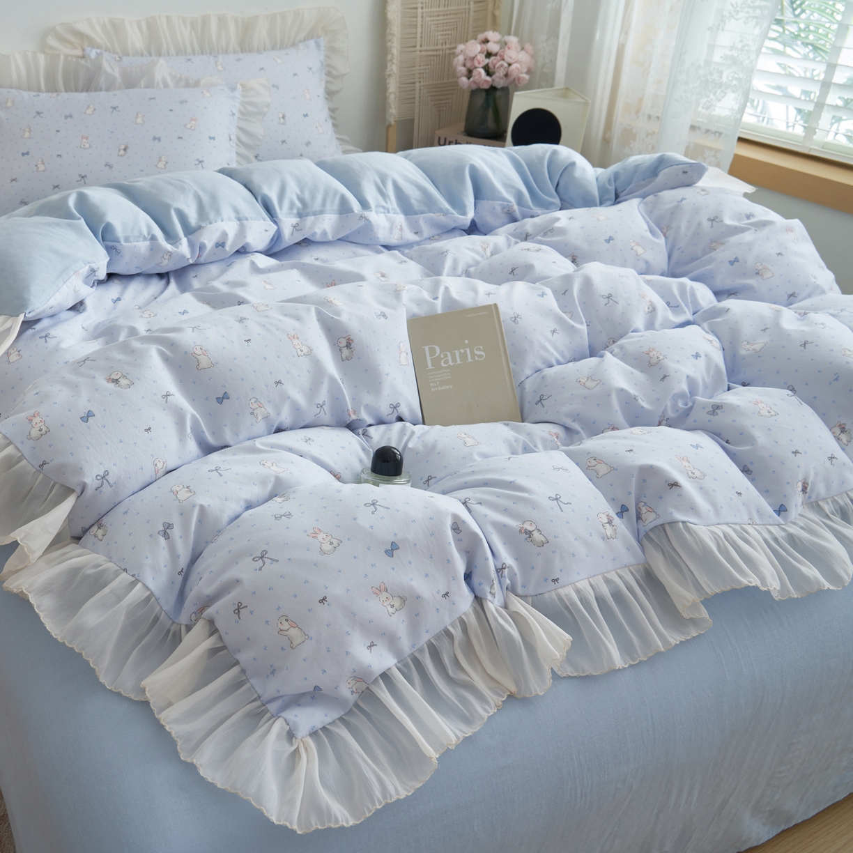 91家纺网 家纺一手货源 找家纺 晨曦家纺 2026春夏新款雪花皱纱花边小碎花小清新少女风四件套 奶蓝兔叽