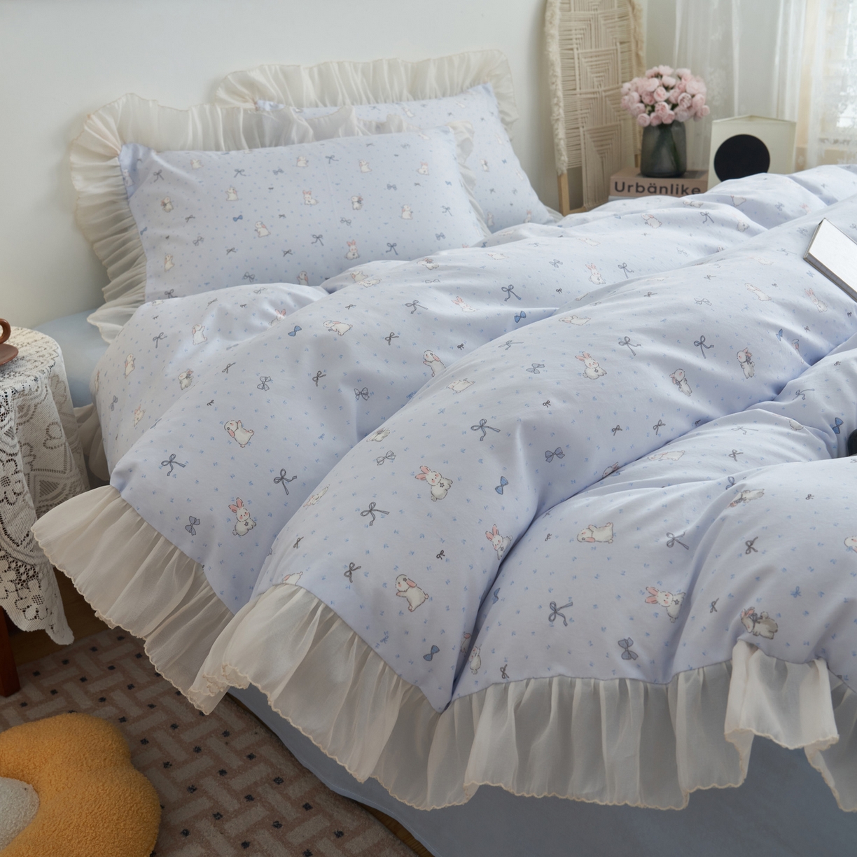 91家纺网 家纺一手货源 找家纺 晨曦家纺 2026春夏新款雪花皱纱花边小碎花小清新少女风四件套 奶蓝兔叽