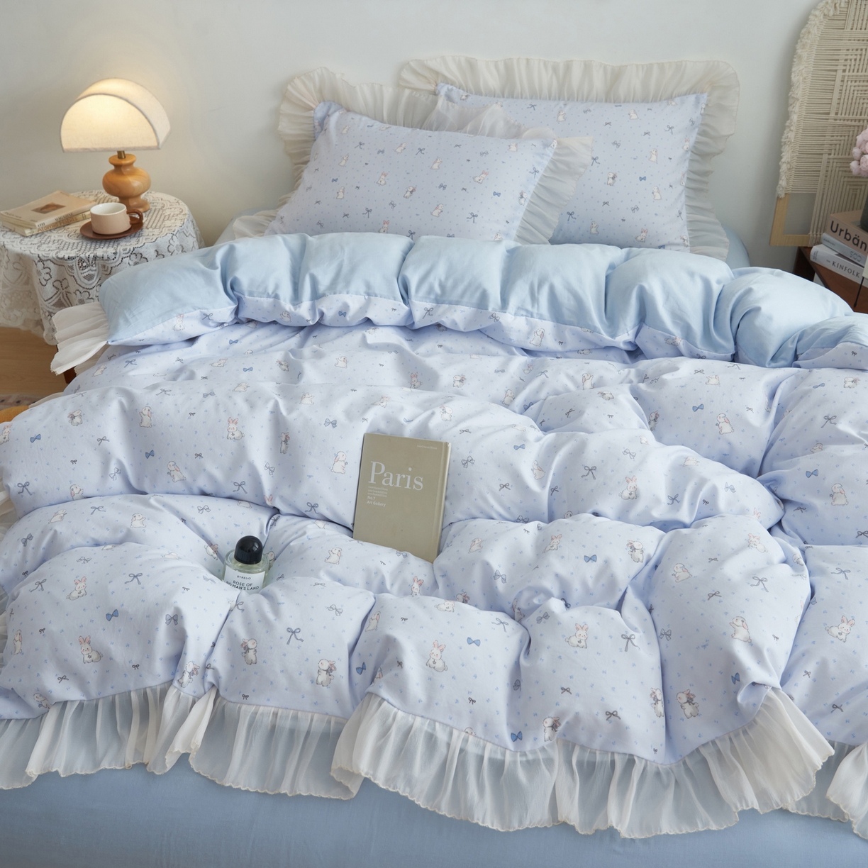 91家纺网 家纺一手货源 找家纺 晨曦家纺 2026春夏新款雪花皱纱花边小碎花小清新少女风四件套 奶蓝兔叽