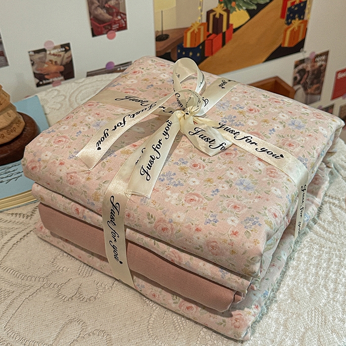 91家纺网 家纺一手货源 找家纺 忆生活家纺 2026春夏新款A类全棉纯棉有氧双层纱小清新四件套 春色满园-豆沙