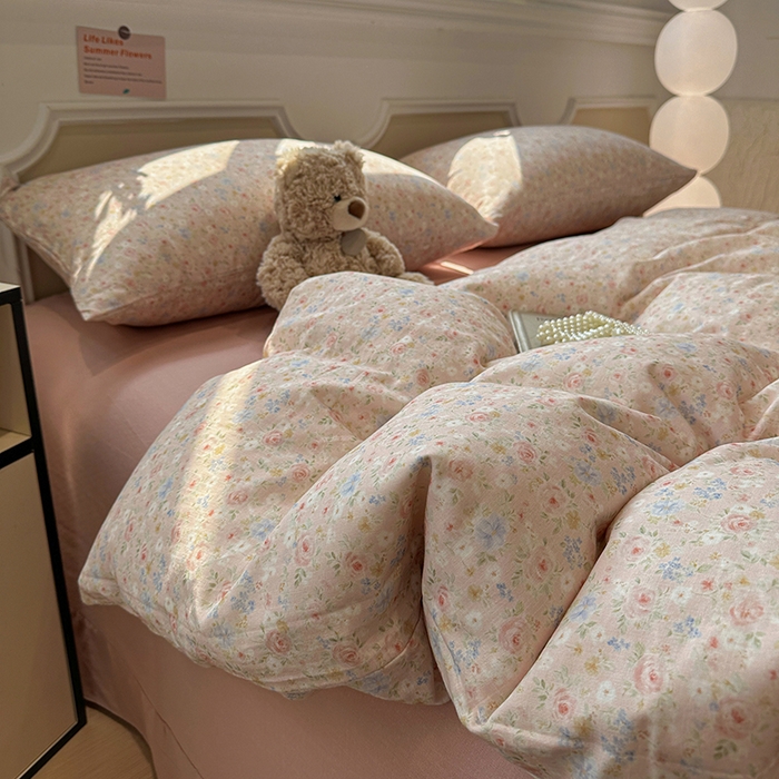 91家纺网 家纺一手货源 找家纺 忆生活家纺 2026春夏新款A类全棉纯棉有氧双层纱小清新四件套 春色满园-豆沙