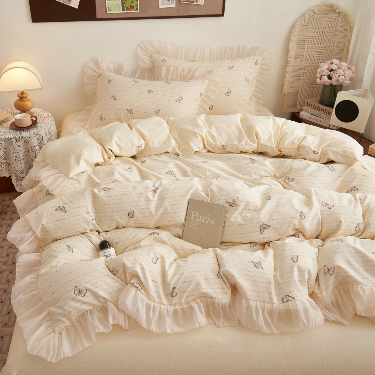 91家纺网 家纺一手货源 找家纺 晨曦家纺 2026春夏新款雪花皱纱花边小碎花小清新少女风四件套 蝶语