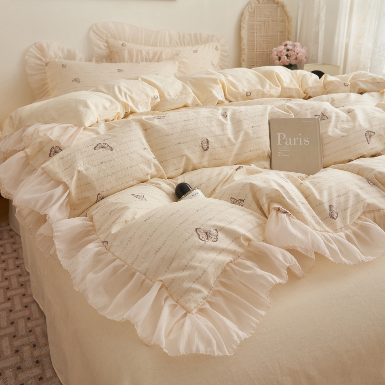 91家纺网 家纺一手货源 找家纺 晨曦家纺 2026春夏新款雪花皱纱花边小碎花小清新少女风四件套 蝶语