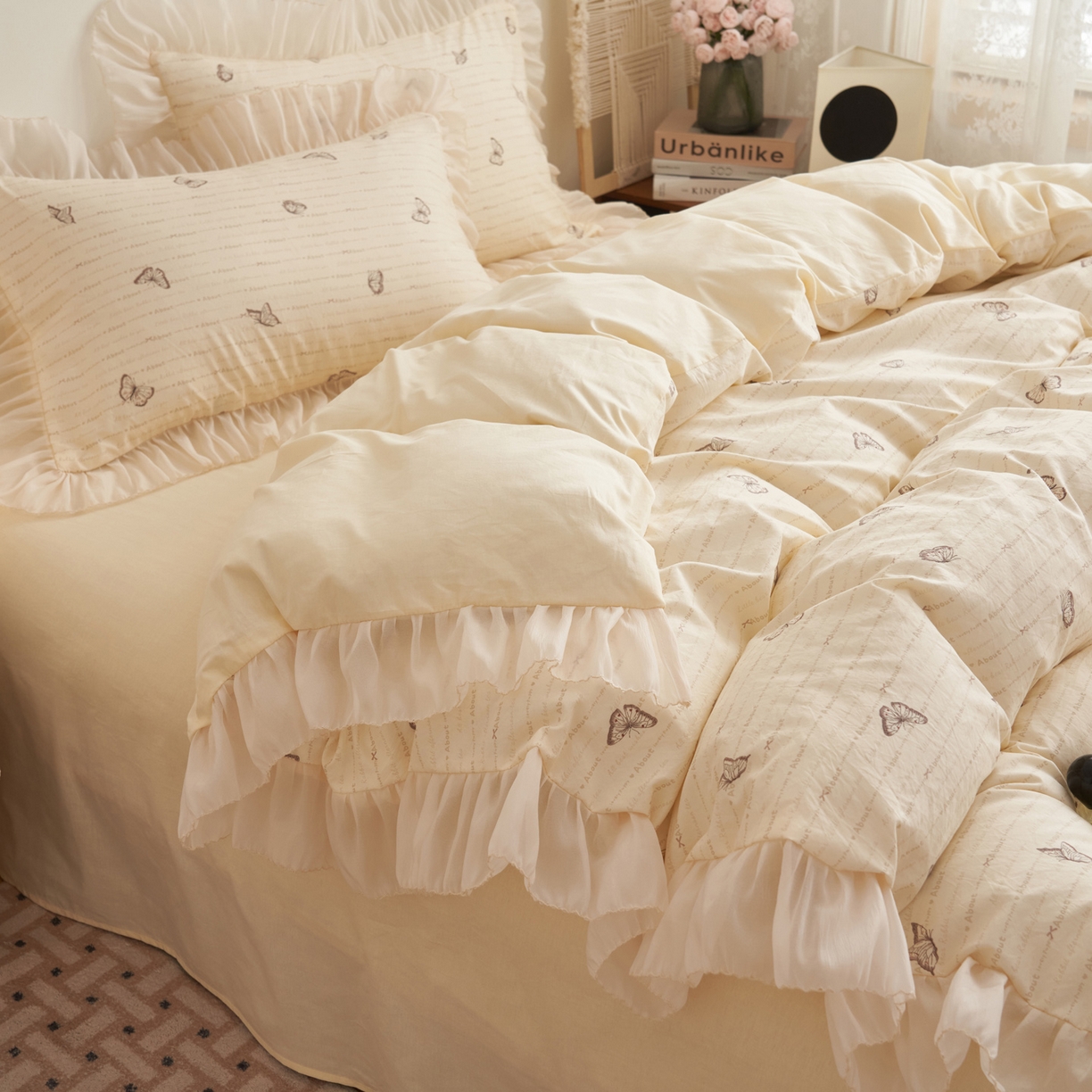 91家纺网 家纺一手货源 找家纺 晨曦家纺 2026春夏新款雪花皱纱花边小碎花小清新少女风四件套 蝶语