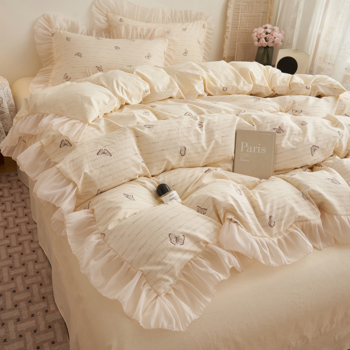 91家纺网 家纺一手货源 找家纺 晨曦家纺 2026春夏新款雪花皱纱花边小碎花小清新少女风四件套 蝶语