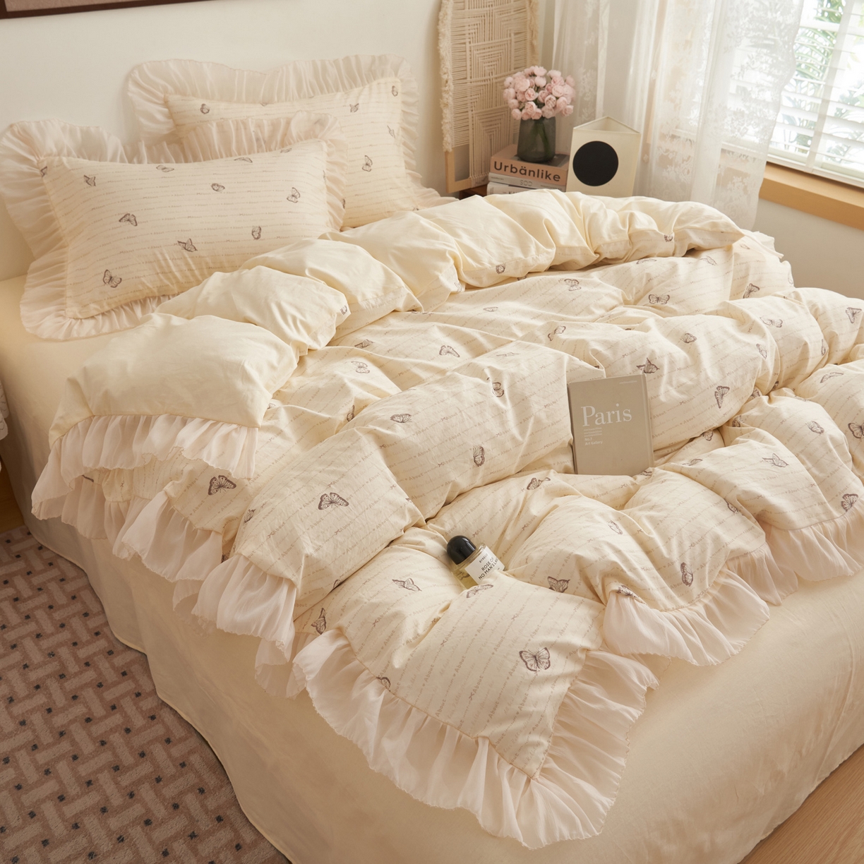 91家纺网 家纺一手货源 找家纺 晨曦家纺 2026春夏新款雪花皱纱花边小碎花小清新少女风四件套 蝶语