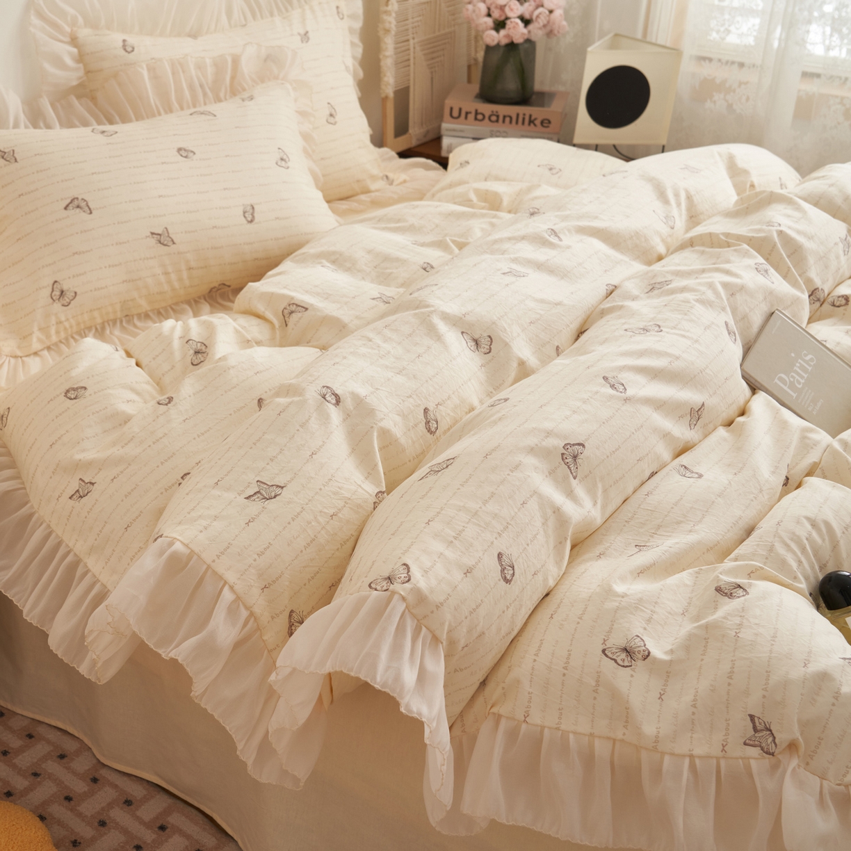 91家纺网 家纺一手货源 找家纺 晨曦家纺 2026春夏新款雪花皱纱花边小碎花小清新少女风四件套 蝶语