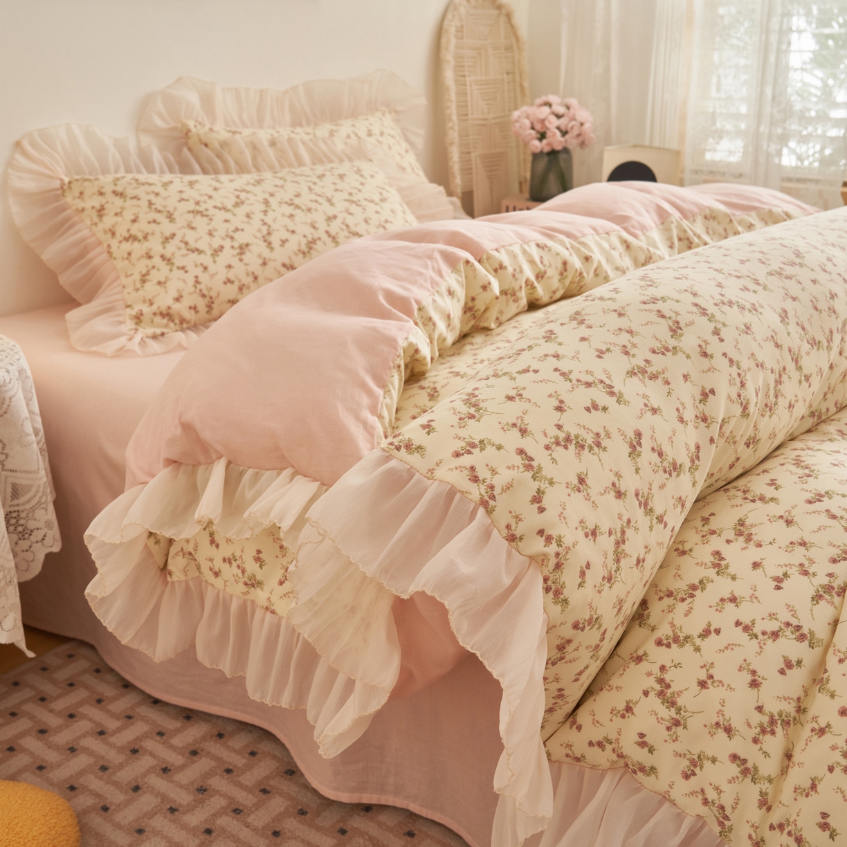 91家纺网 家纺一手货源 找家纺 晨曦家纺 2026春夏新款雪花皱纱花边小碎花小清新少女风四件套 奶杏蔷薇