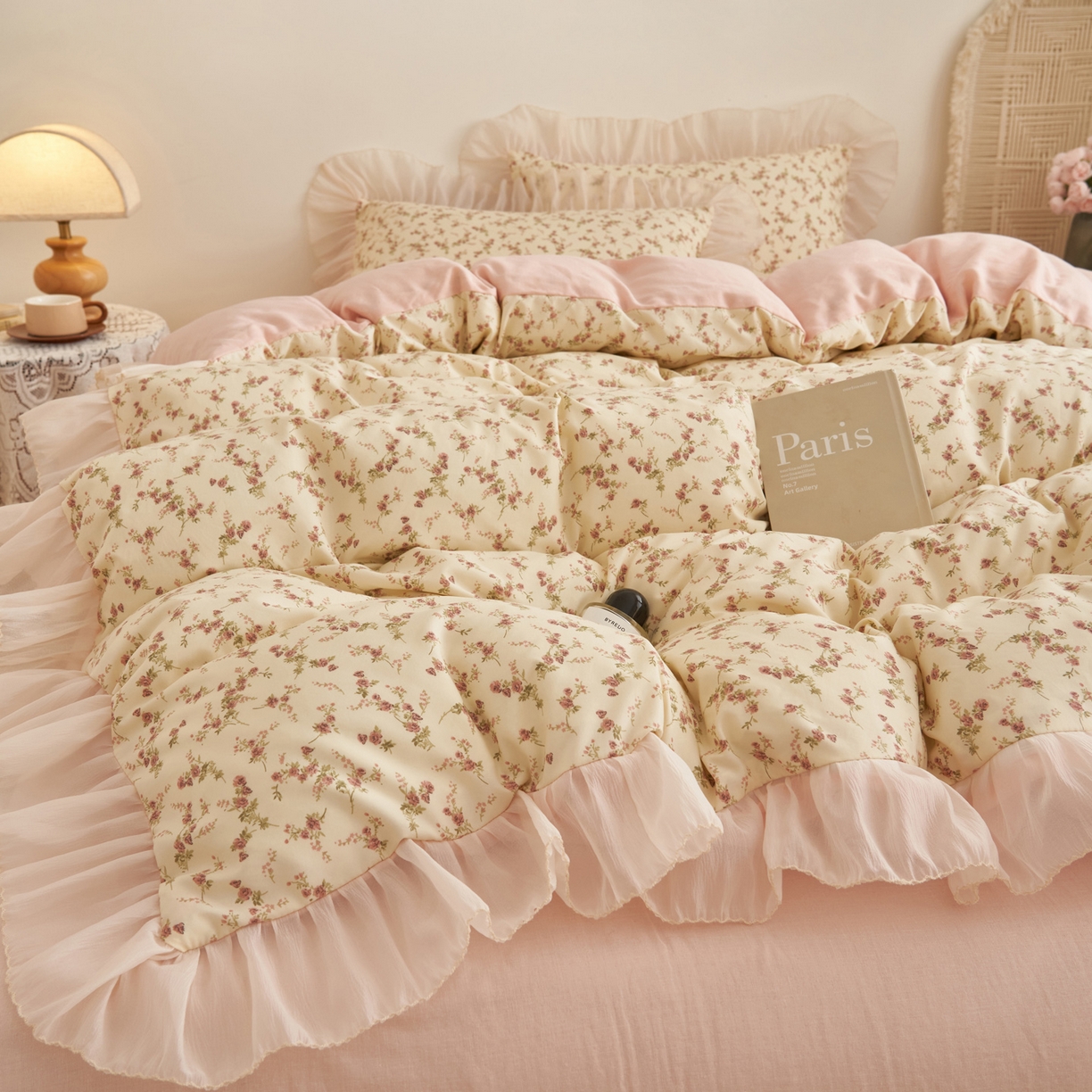 91家纺网 家纺一手货源 找家纺 晨曦家纺 2026春夏新款雪花皱纱花边小碎花小清新少女风四件套 奶杏蔷薇