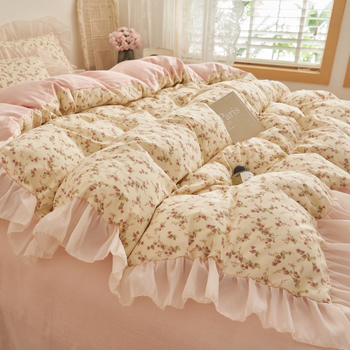 91家纺网 家纺一手货源 找家纺 晨曦家纺 2026春夏新款雪花皱纱花边小碎花小清新少女风四件套 奶杏蔷薇