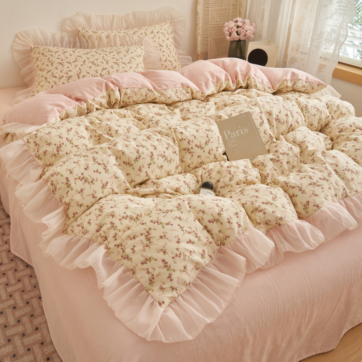 91家纺网 家纺一手货源 找家纺 晨曦家纺 2026春夏新款雪花皱纱花边小碎花小清新少女风四件套 奶杏蔷薇