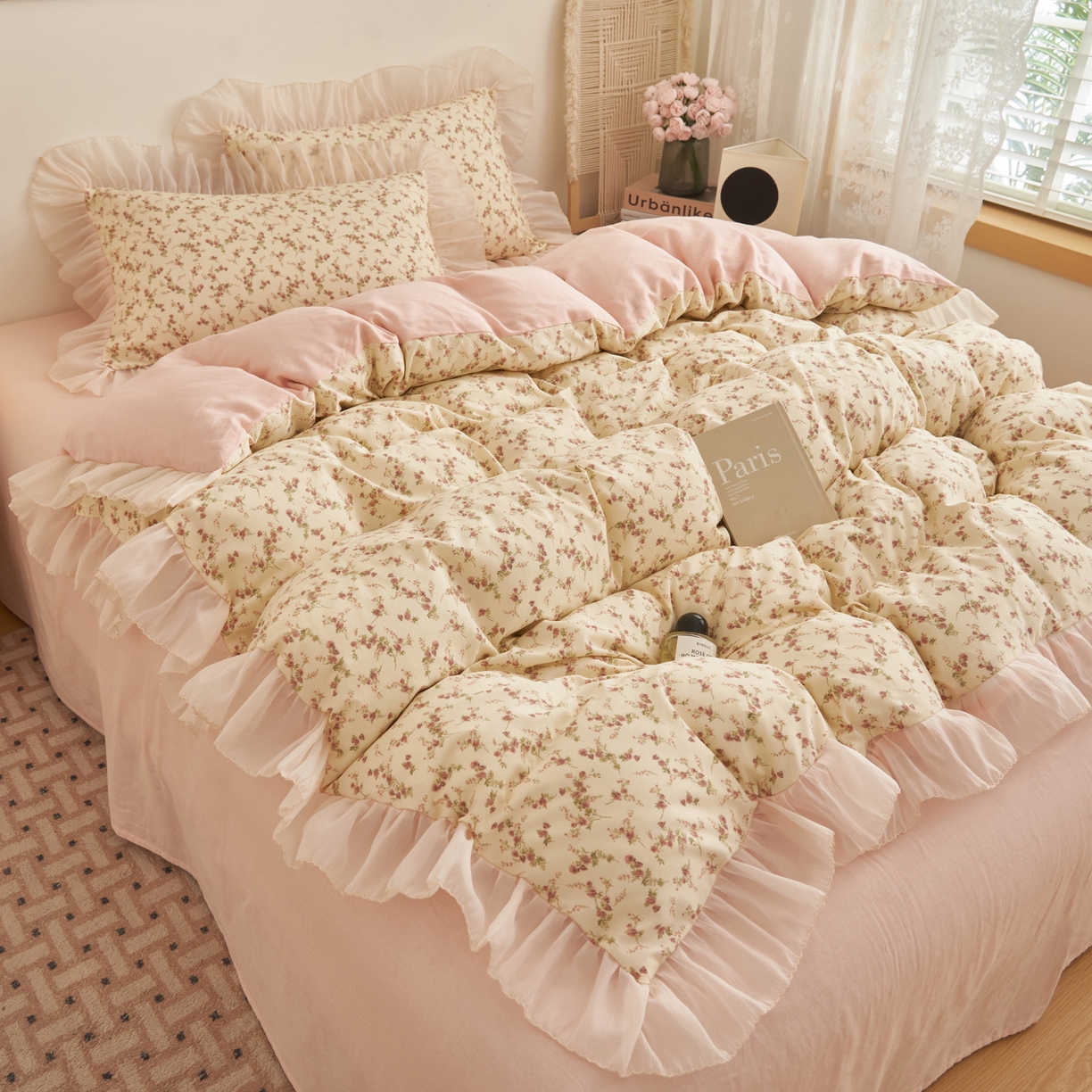 91家纺网 家纺一手货源 找家纺 晨曦家纺 2026春夏新款雪花皱纱花边小碎花小清新少女风四件套 奶杏蔷薇