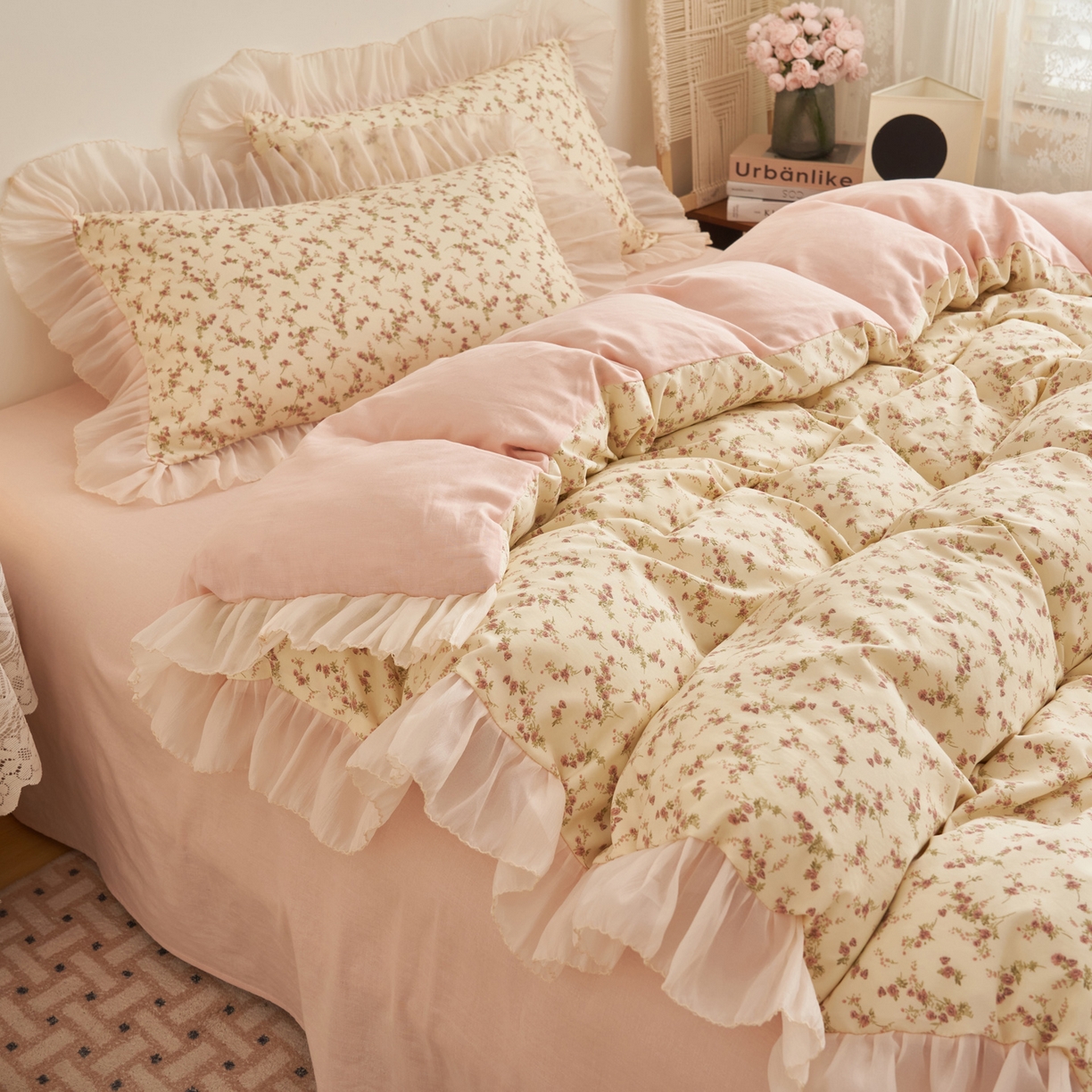 91家纺网 家纺一手货源 找家纺 晨曦家纺 2026春夏新款雪花皱纱花边小碎花小清新少女风四件套 奶杏蔷薇