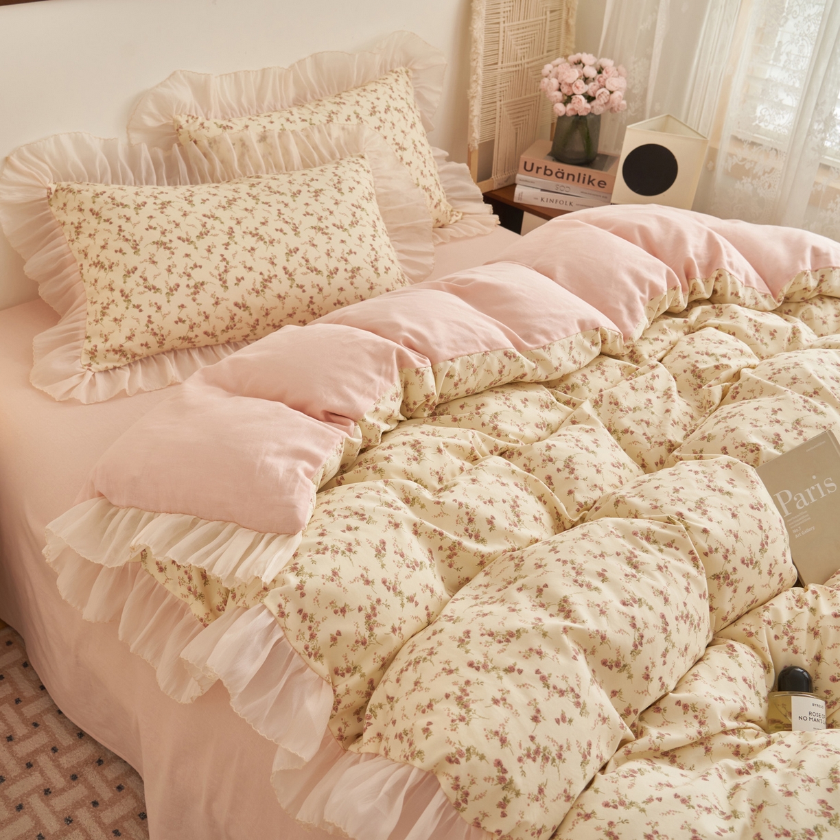 91家纺网 家纺一手货源 找家纺 晨曦家纺 2026春夏新款雪花皱纱花边小碎花小清新少女风四件套 奶杏蔷薇