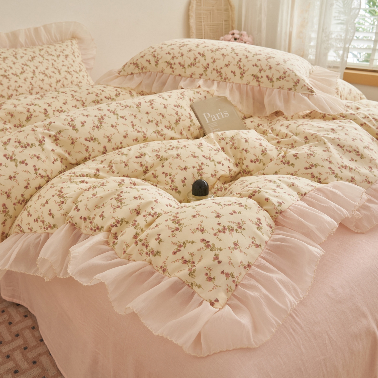 91家纺网 家纺一手货源 找家纺 晨曦家纺 2026春夏新款雪花皱纱花边小碎花小清新少女风四件套 奶杏蔷薇