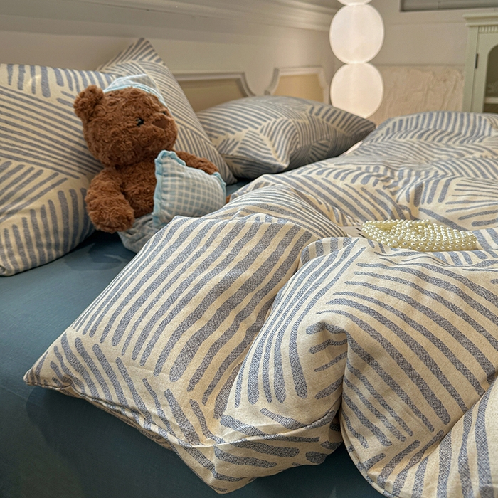 91家纺网 家纺一手货源 找家纺 忆生活家纺 2026春夏新款A类全棉纯棉有氧双层纱小清新四件套 简森-蓝