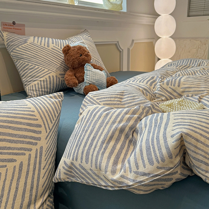 91家纺网 家纺一手货源 找家纺 忆生活家纺 2026春夏新款A类全棉纯棉有氧双层纱小清新四件套 简森-蓝