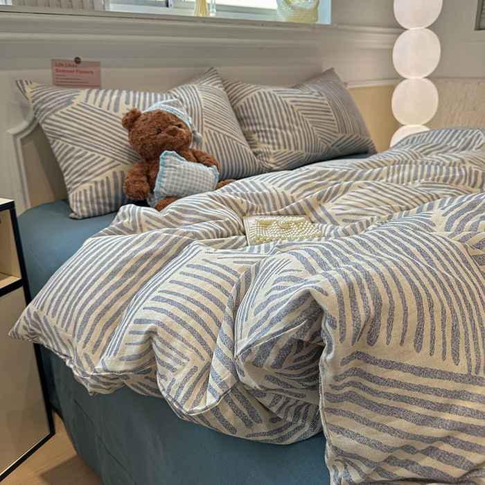 91家纺网 家纺一手货源 找家纺 忆生活家纺 2026春夏新款A类全棉纯棉有氧双层纱小清新四件套 简森-蓝