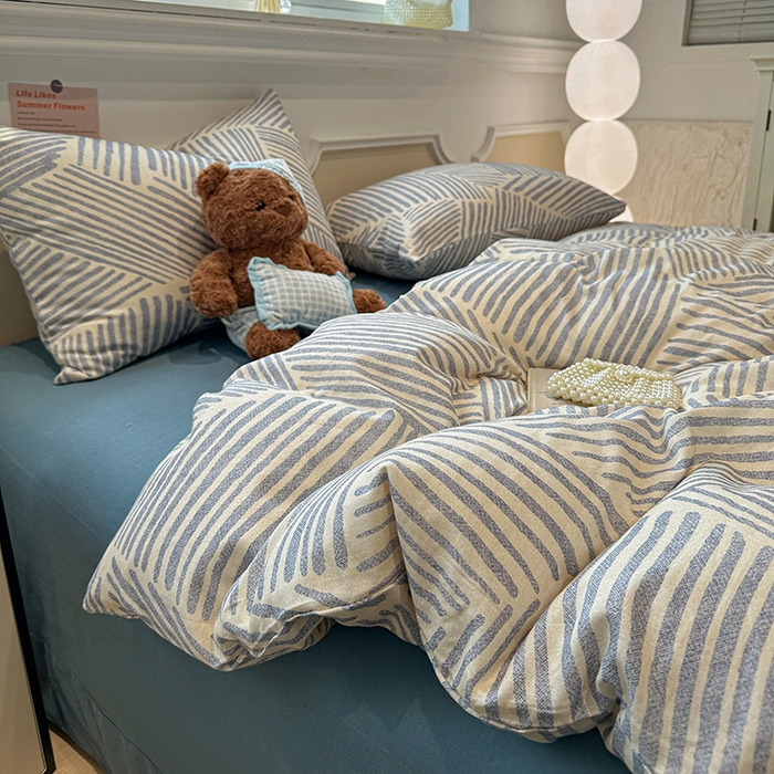 91家纺网 家纺一手货源 找家纺 忆生活家纺 2026春夏新款A类全棉纯棉有氧双层纱小清新四件套 简森-蓝