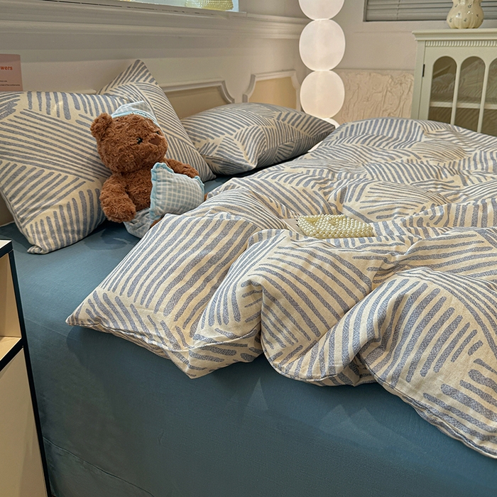 91家纺网 家纺一手货源 找家纺 忆生活家纺 2026春夏新款A类全棉纯棉有氧双层纱小清新四件套 简森-蓝