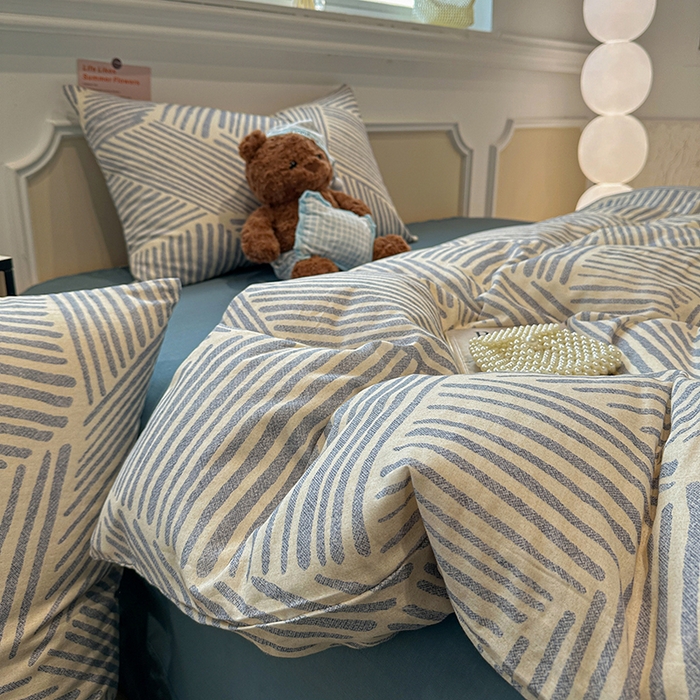 91家纺网 家纺一手货源 找家纺 忆生活家纺 2026春夏新款A类全棉纯棉有氧双层纱小清新四件套 简森-蓝