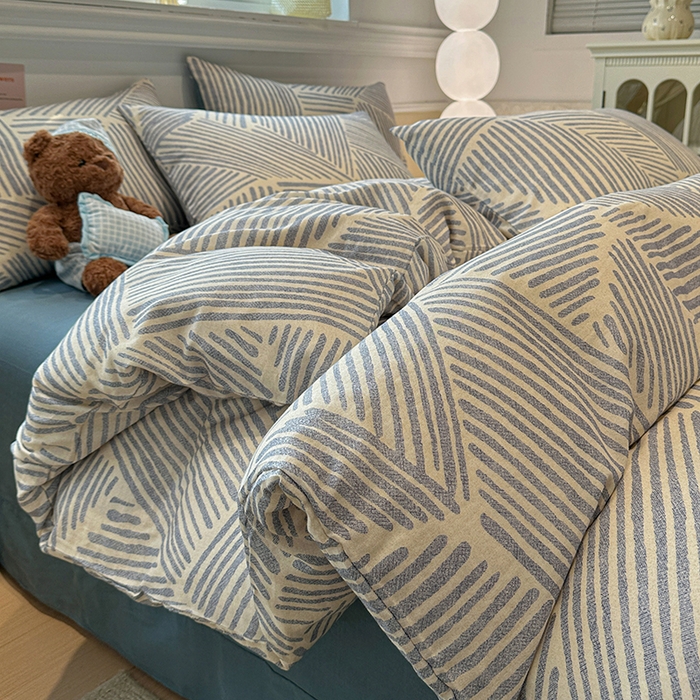 91家纺网 家纺一手货源 找家纺 忆生活家纺 2026春夏新款A类全棉纯棉有氧双层纱小清新四件套 简森-蓝