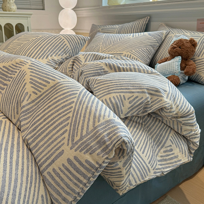 91家纺网 家纺一手货源 找家纺 忆生活家纺 2026春夏新款A类全棉纯棉有氧双层纱小清新四件套 简森-蓝