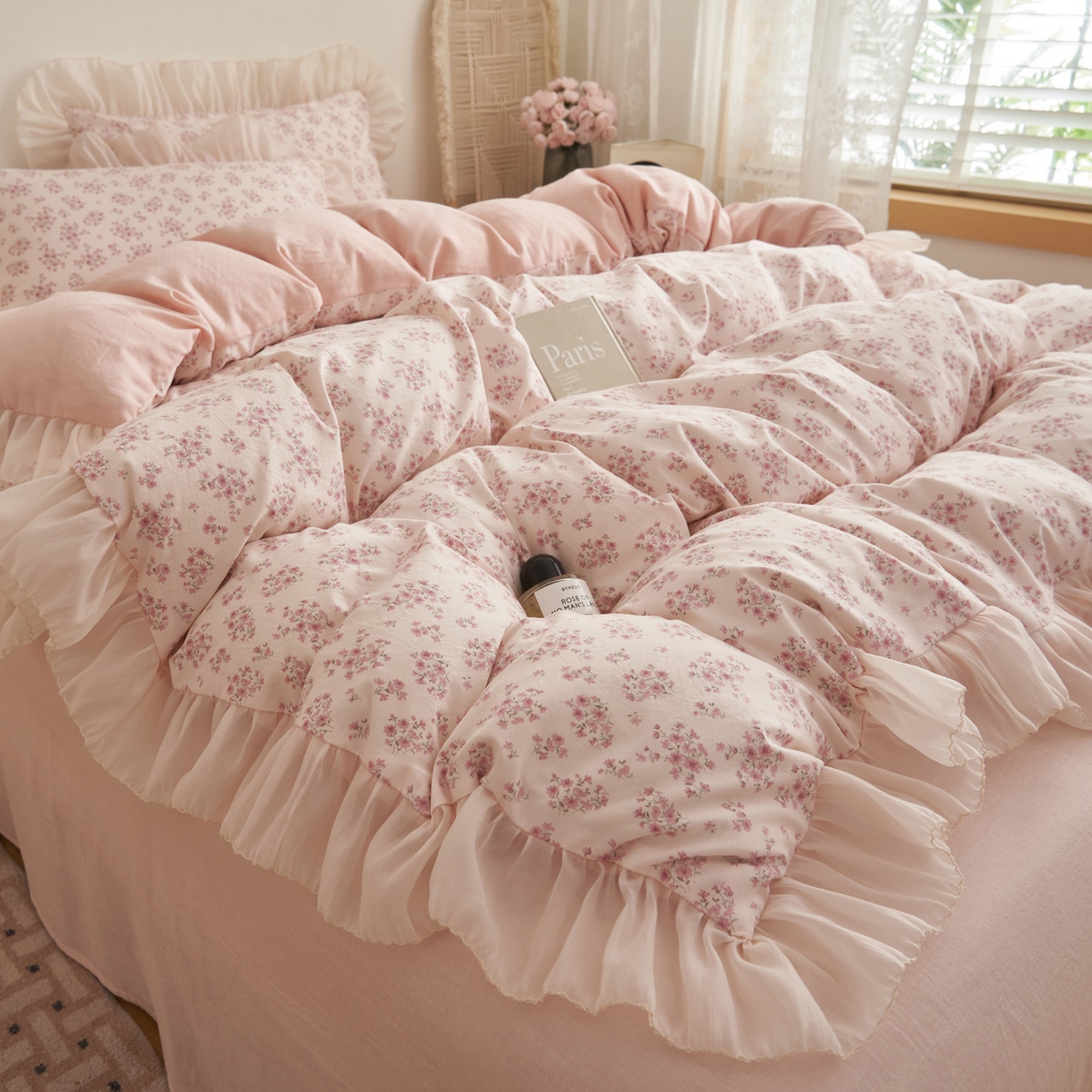 晨曦家纺 2026春夏新款雪花皱纱花边小碎花小清新少女风四件套 奶油樱花